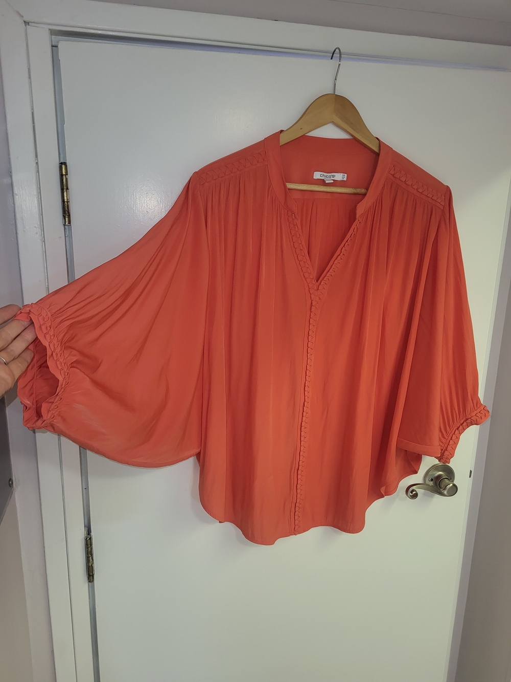 Chico's Bright Orange/Coral V-Neck Braided-Trim Top - Picture 4 of 10